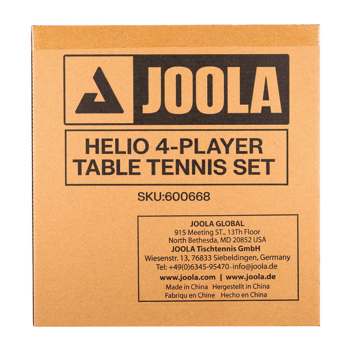 Cardboard box for the JOOLA Helio 4-player table tennis racket set.