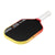 Pickleball paddle with black surface, yellow rim, and white handle on a white background