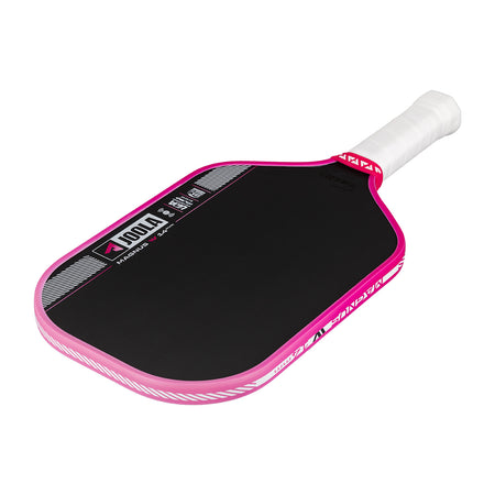 Pink and black pickleball paddle with white handle on a white background