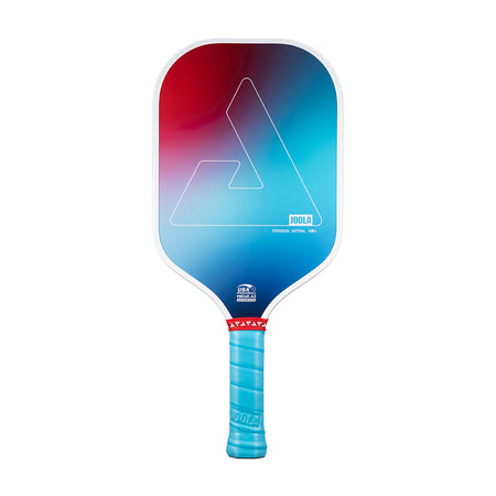 White background, product image of the JOOLA Persues Astral Pickleball paddle with light blue handle and white edge guard with a red, white and blue gradiant surface.