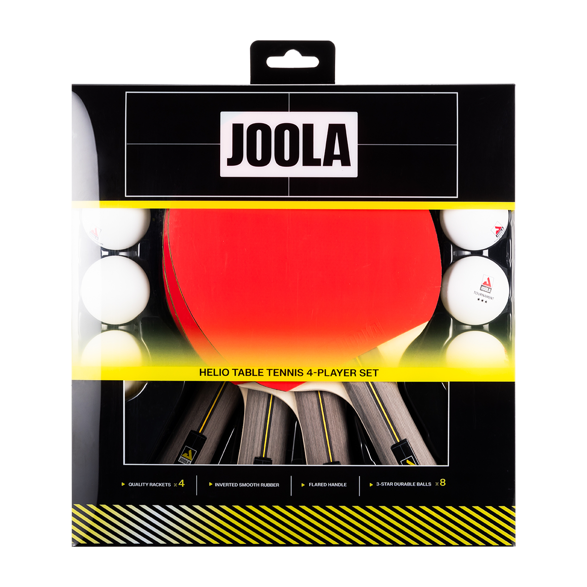 Image of a package of JOOLA Helio Table Tennis 4-Player Table Tennis Racket set.
