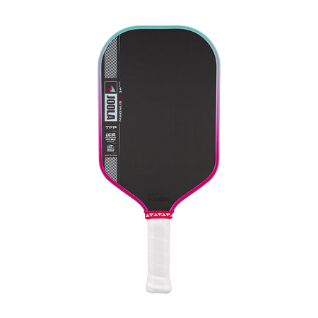 Pickleball paddle with black surface, pink rim, and white handle on a white background.