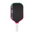 Pickleball paddle with black surface, pink rim, and white handle on a white background.