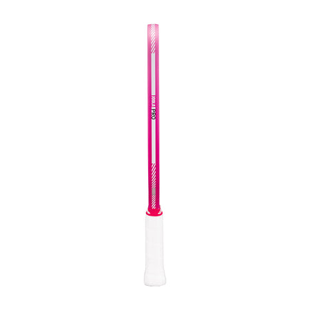 Pink and white pickleball paddle on a white background