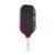 Pickleball paddle with black surface, pink and white handle, and brand logo on a white background.