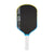 Pickleball paddle with black face, blue rim, and white handle on a white background.