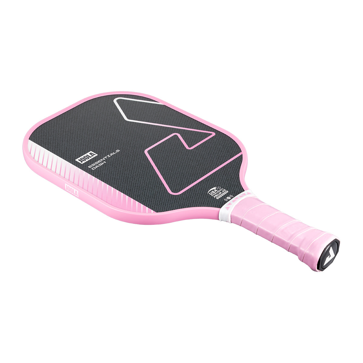 White background, product image of the JOOLA Essentials Dash pickleball paddle, pink handle, pink edge guard, and black and pink surface color.