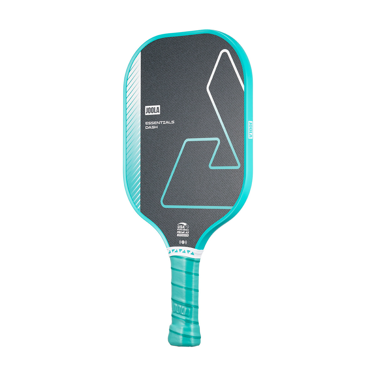 White background, product image of the JOOLA Essentials Dash pickleball paddle with a teal handle and teal edge guard.