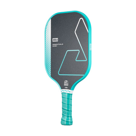 White background, product image of the JOOLA Essentials Dash pickleball paddle with a teal handle and teal edge guard.