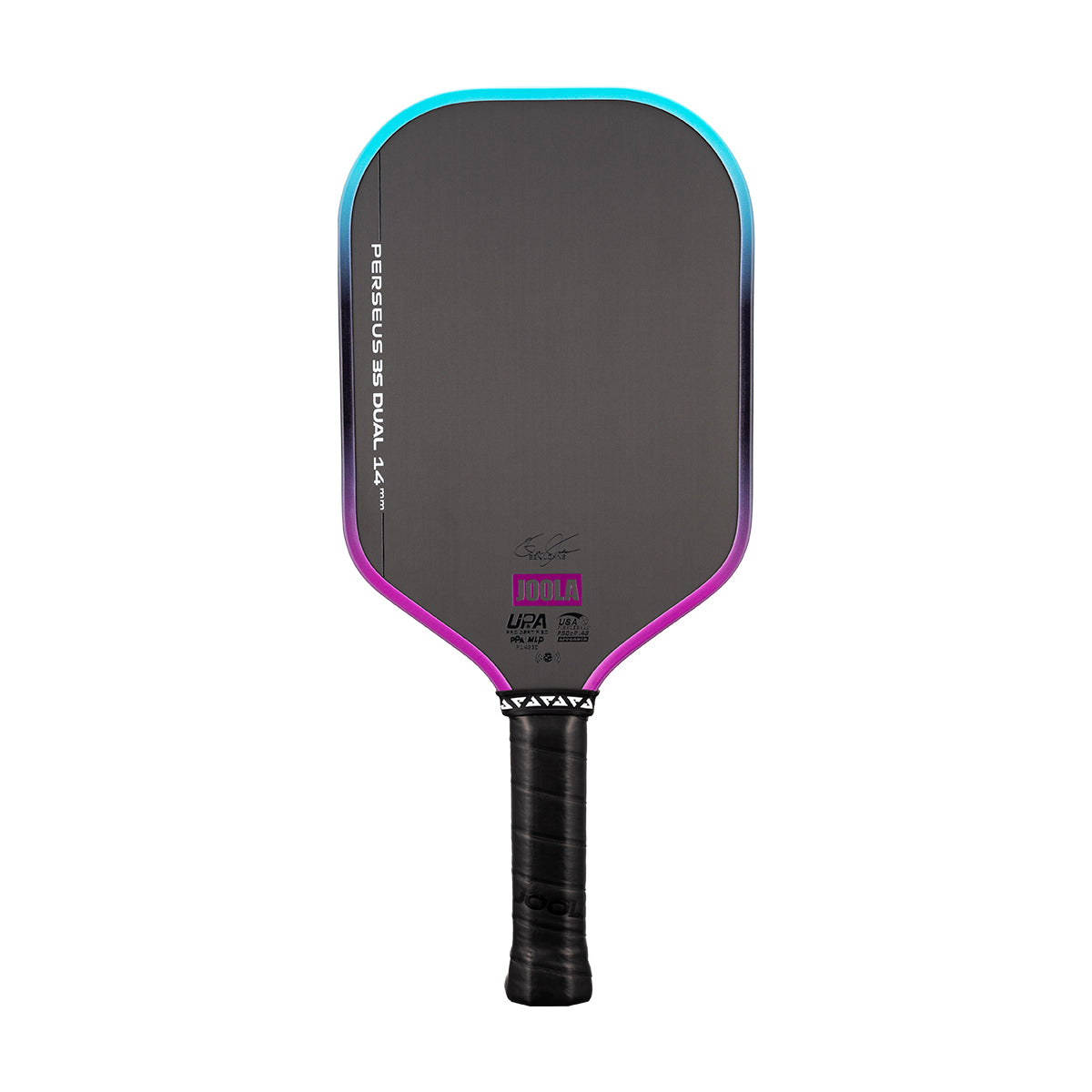 White background, image of a JOOLA Perseus 3S Dual pickleball paddle with a purple and blue dual gradiant edge guard.