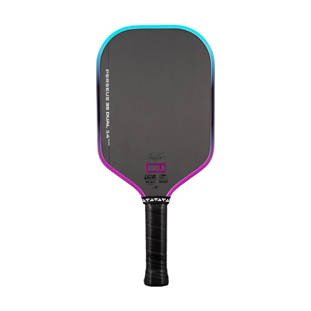 White background, image of a JOOLA Perseus 3S Dual pickleball paddle with a purple and blue dual gradiant edge guard.