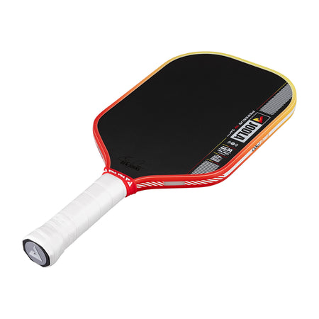 Pickleball paddle with black playing surface, red frame, and white handle on a white background