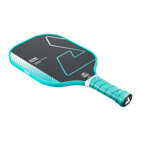 White background, product image of the JOOLA Essentials Dash pickleball paddle, turquoise handle, turquoise edge guard, and black and turquoise surface color.