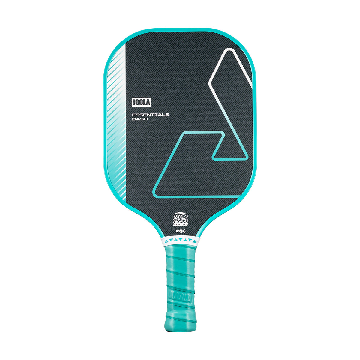 White background, product image of the JOOLA Essentials Dash pickleball paddle with teal handle and matching edge guard.