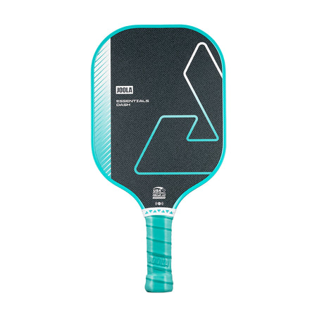 White background, product image of the JOOLA Essentials Dash pickleball paddle with teal handle and matching edge guard.