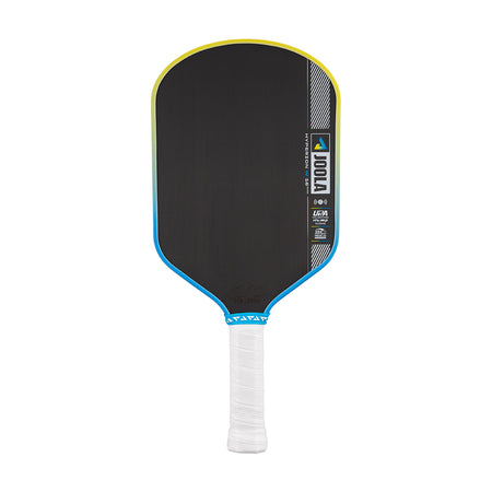 Pickleball paddle with black face, blue rim, and white handle on a white background.
