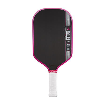 Pickleball paddle with black surface, pink rim, and white handle on a white background