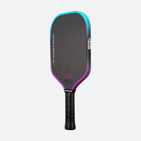 White background, image of a JOOLA Perseus 3S Dual pickleball paddle with a purple and blue dual gradiant edge guard.