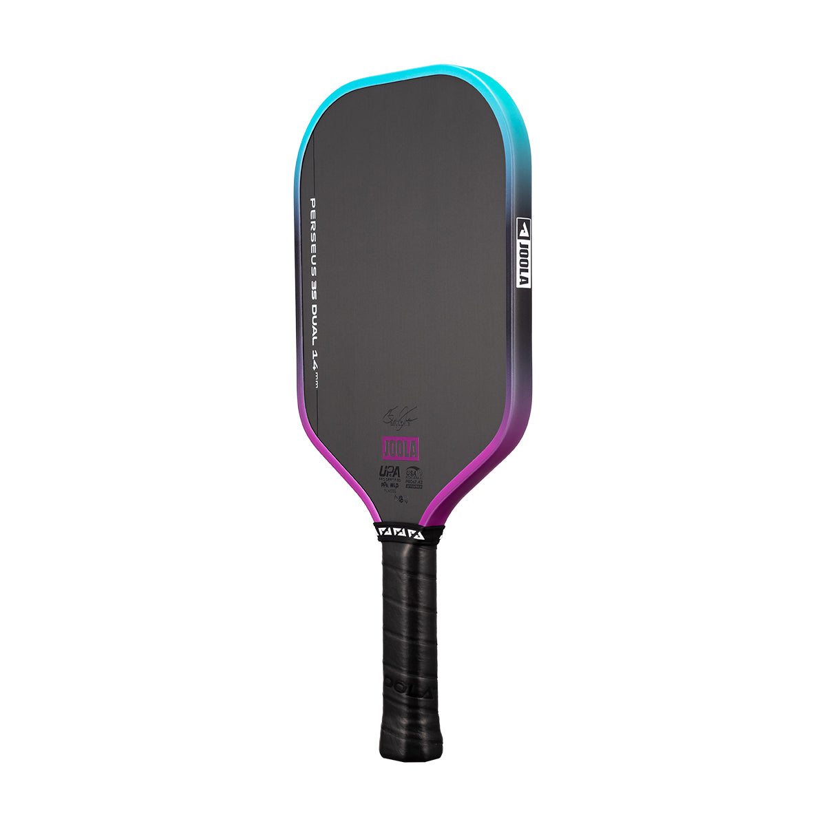 White background, image of a JOOLA Perseus 3S Dual pickleball paddle with a purple and blue dual gradiant edge guard.