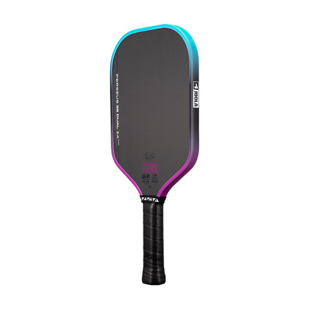 White background, image of a JOOLA Perseus 3S Dual pickleball paddle with a purple and blue dual gradiant edge guard.