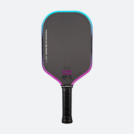 White background, image of a JOOLA Perseus 3S Dual pickleball paddle with a purple and blue dual gradiant edge guard.