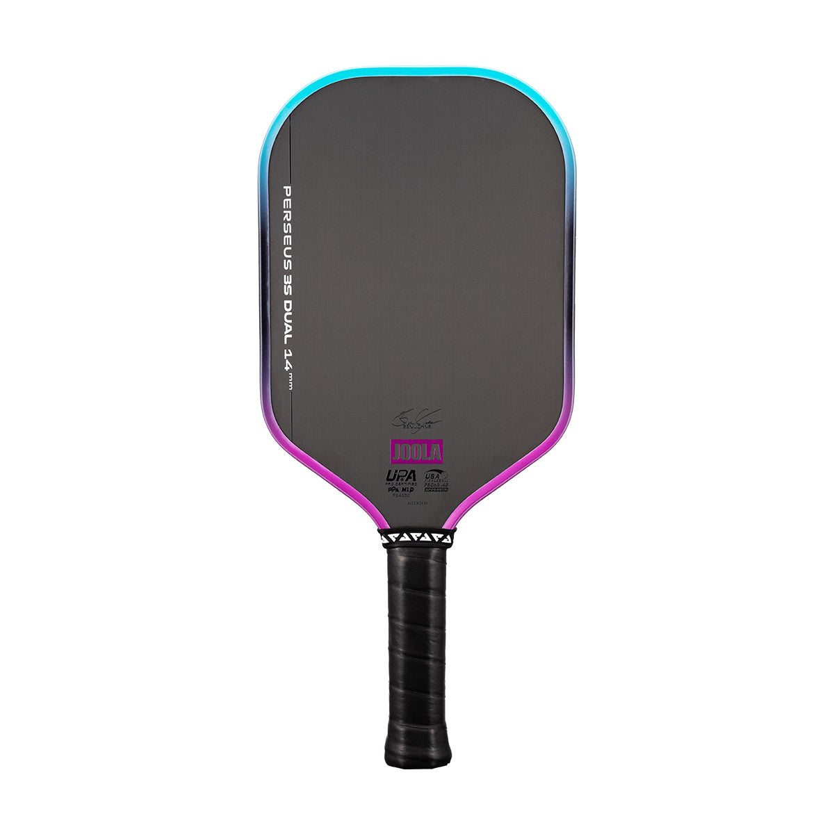 White background, image of a JOOLA Perseus 3S Dual pickleball paddle with a purple and blue dual gradiant edge guard.
