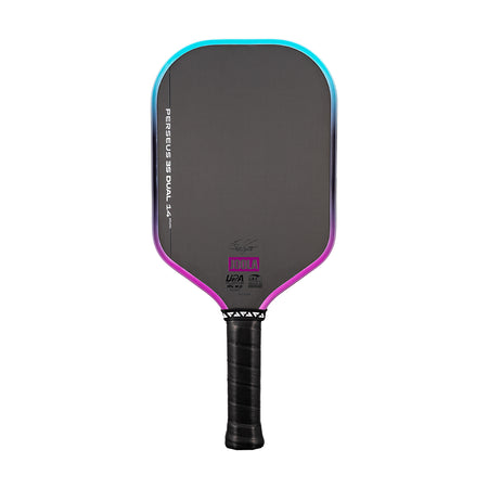 White background, image of a JOOLA Perseus 3S Dual pickleball paddle with a purple and blue dual gradiant edge guard.
