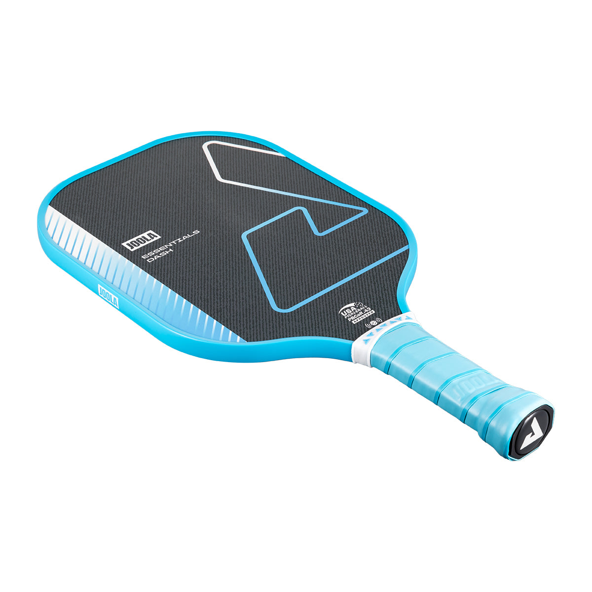 White background, product image of the JOOLA Essentials Dash pickleball paddle with light blue edge guard and light blue handle.