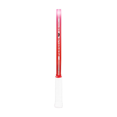 Red and white pickleball paddle edge guard on a white background