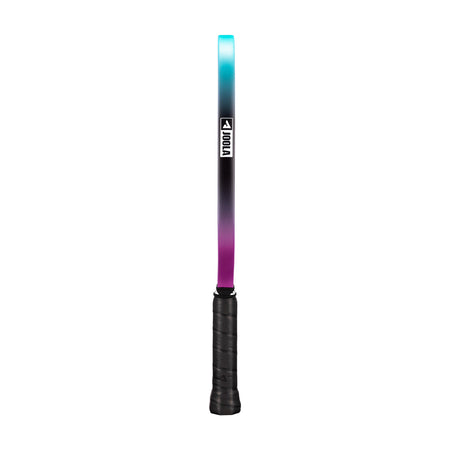 White background, image of the side of a JOOLA Perseus 3S Dual Pickleball paddle. Edge guard is purple and blue with JOOLA logo.