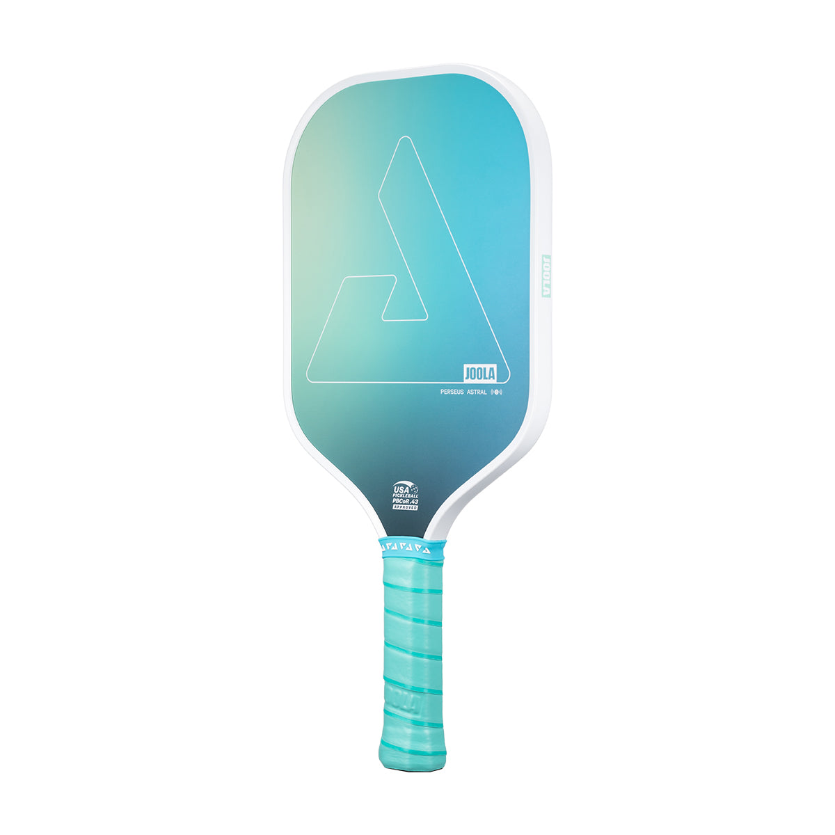 White background, product image of the JOOLA Perseus Astral pickleball paddle with teal handle and white edge guard.
