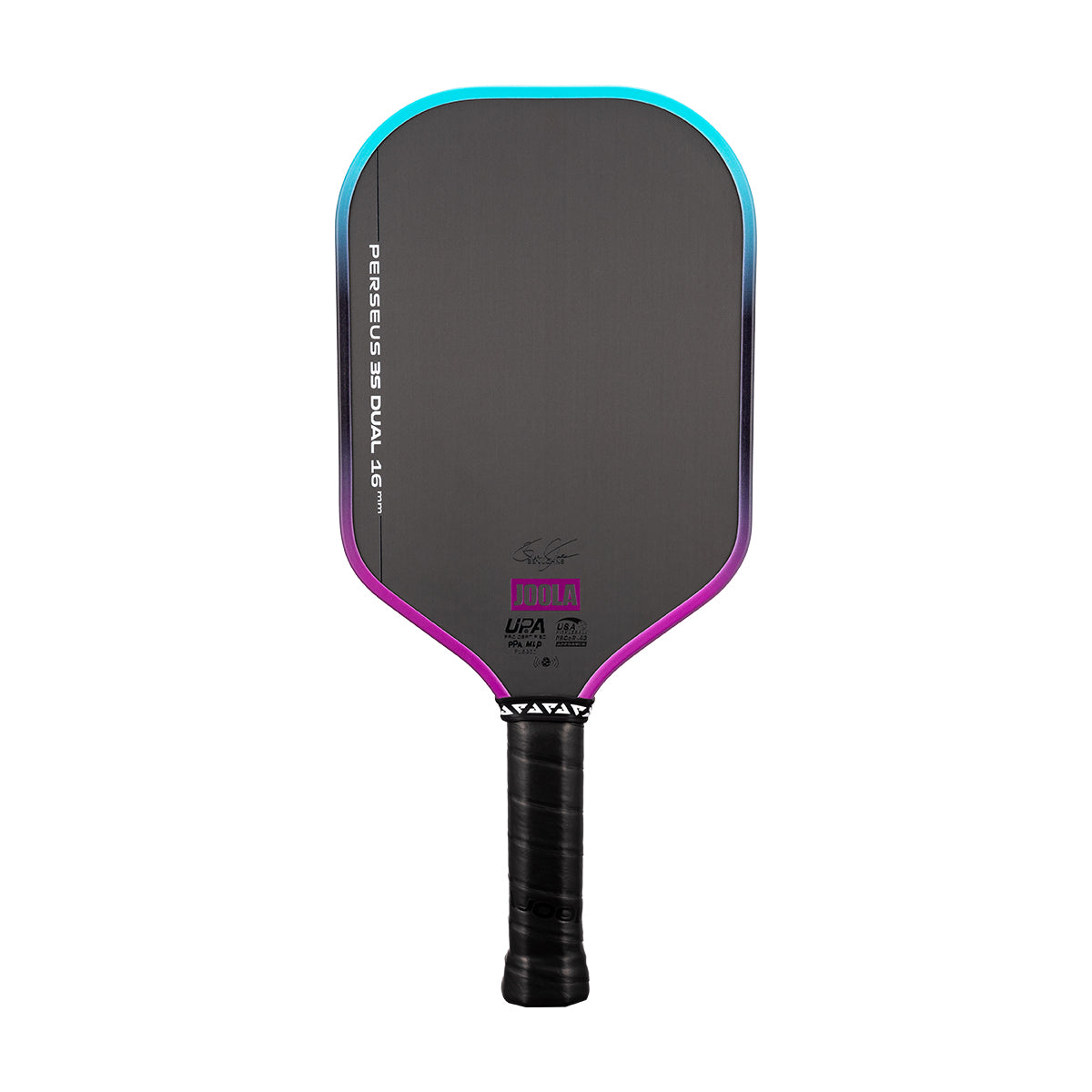 White background, image of a JOOLA Perseus 3S Dual pickleball paddle with a purple and blue dual gradiant edge guard.