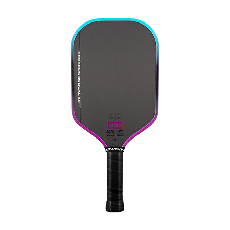 White background, image of a JOOLA Perseus 3S Dual pickleball paddle with a purple and blue dual gradiant edge guard.