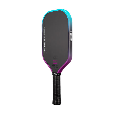 White background, image of a JOOLA Perseus 3S Dual pickleball paddle with a purple and blue dual gradiant edge guard.