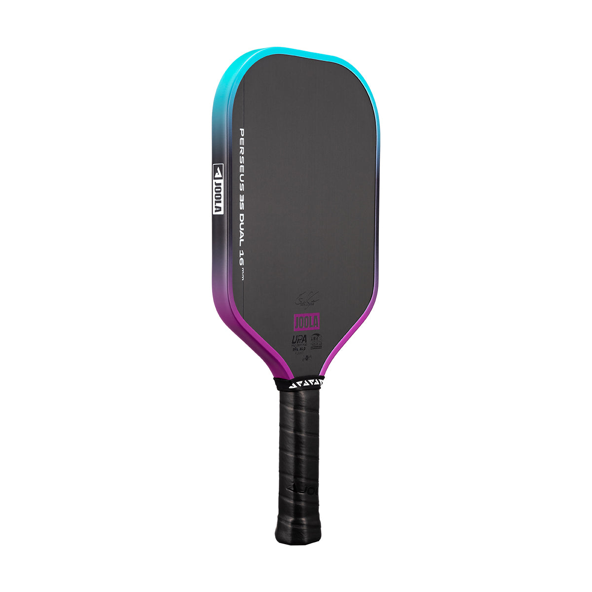 White background, image of a JOOLA Perseus 3S Dual pickleball paddle with a purple and blue dual gradiant edge guard.