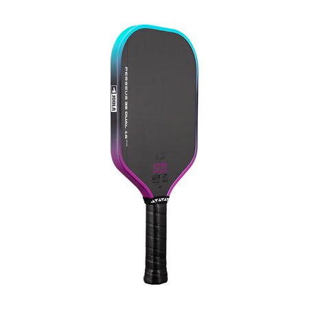 White background, image of a JOOLA Perseus 3S Dual pickleball paddle with a purple and blue dual gradiant edge guard.