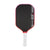 Pickleball paddle with black face, red rim, and white handle on a white background