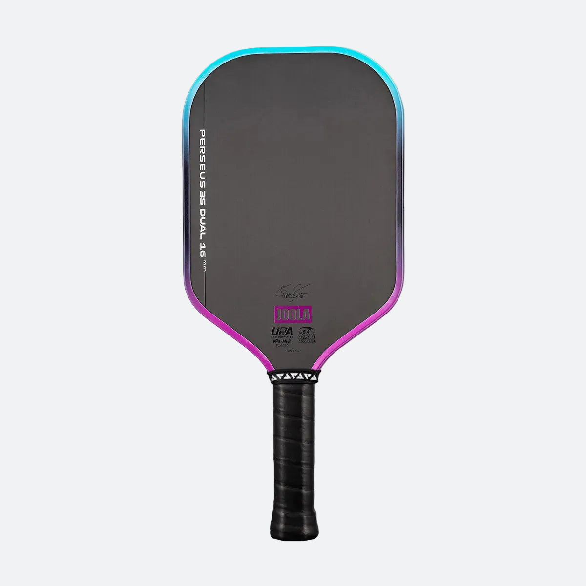 White background, dual colored JOOLA Perseus 3S Dual pickleball paddle, purple and blue gradiant.