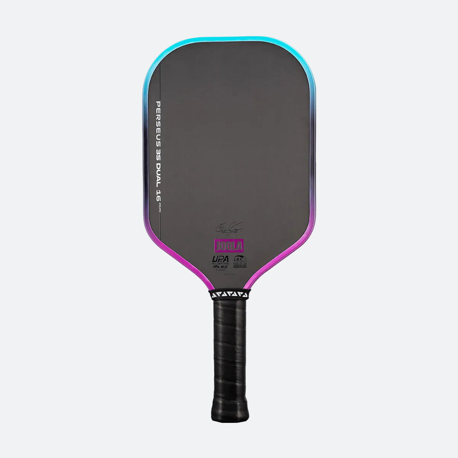 JOOLA Perseus 3S Dual 16mm pickleball paddle, front face view, teal and purple dual gradient edge guard on white background