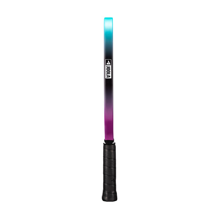 White background, side profile of the JOOLA Perseus 3S Dual pickleball paddle with purple and blue gradiant edge guard.