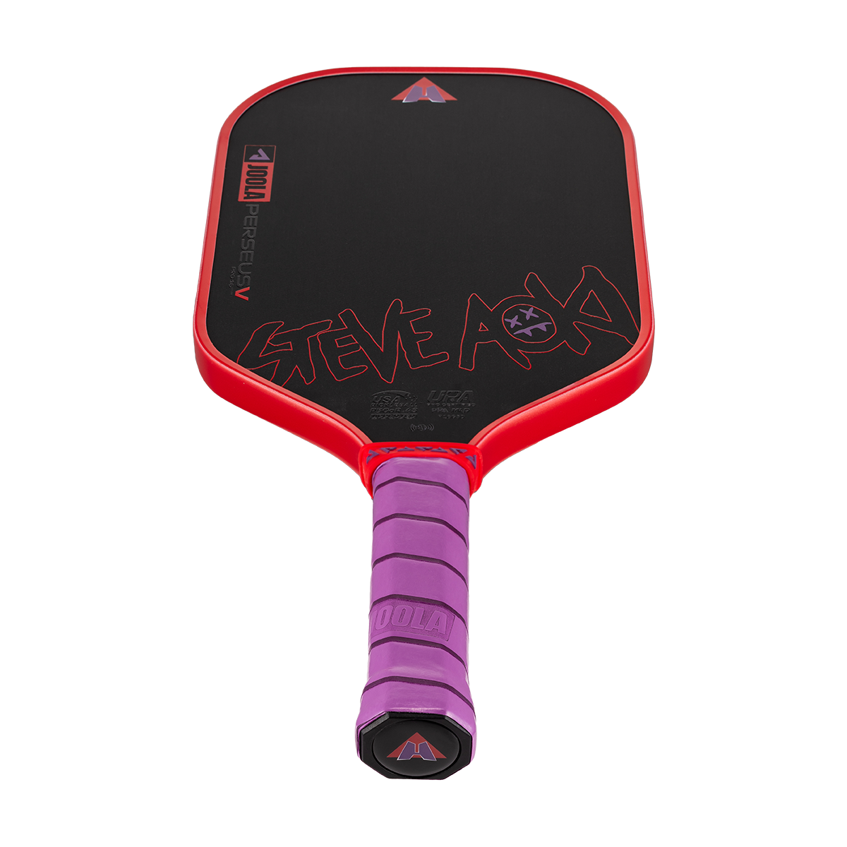 White background, product image of the JOOLA Perseus Pro V JOOLA x Steve Aoki pickleball paddle, purple handle and red edge guard.