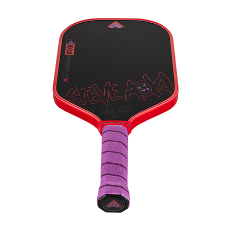 White background, product image of the JOOLA Perseus Pro V JOOLA x Steve Aoki pickleball paddle, purple handle and red edge guard.