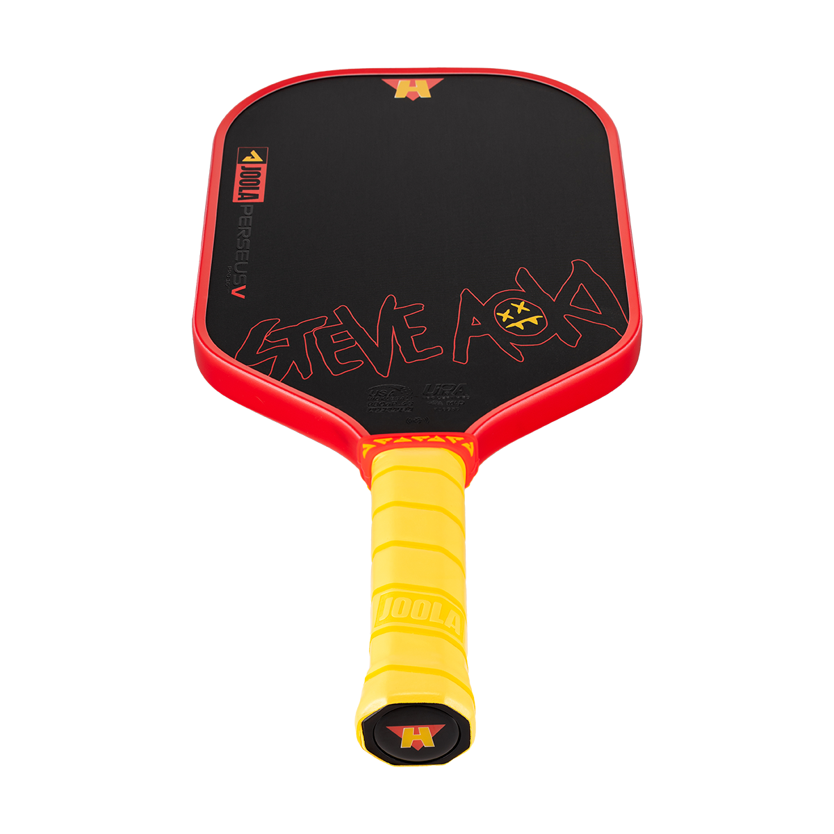 White background, product image of the Perseus Pro V JOOLA x Steve Aoki pickleball paddle, yellow handle and red edge guard.