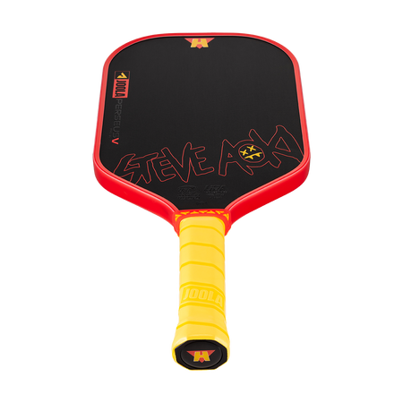 White background, product image of the Perseus Pro V JOOLA x Steve Aoki pickleball paddle, yellow handle and red edge guard.