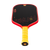White background, product image of the Perseus Pro V JOOLA x Steve Aoki pickleball paddle, yellow handle and red edge guard.