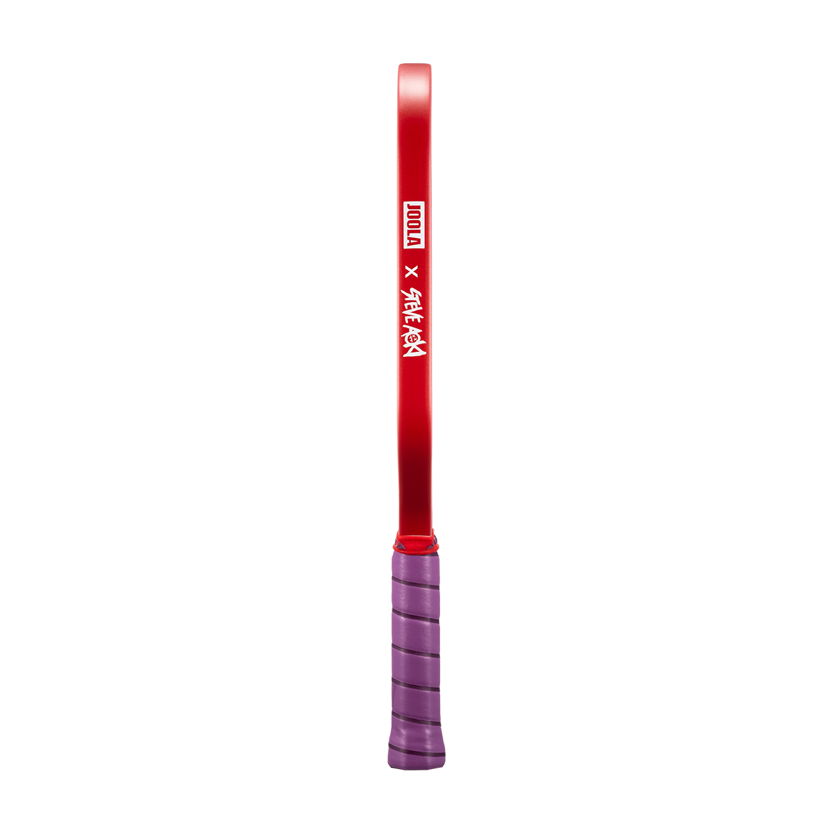 White background, product image showing the side of a JOOLA Perseus JOOLA x Steve Aoki pickleball paddle. Purple Handke with Red Edge Guard.