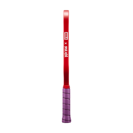 White background, product image showing the side of a JOOLA Perseus JOOLA x Steve Aoki pickleball paddle. Purple Handke with Red Edge Guard.