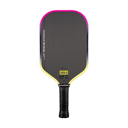 White background, Pink and Yellow gradiant edge guard on the JOOLA 3S Dual Magnus Pickleball Paddle.