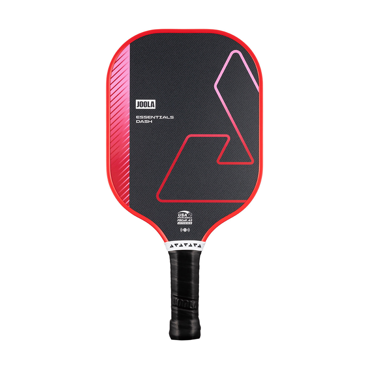 White background, product image of a red JOOLA Essentials Dash pickleball paddle with a black logo.