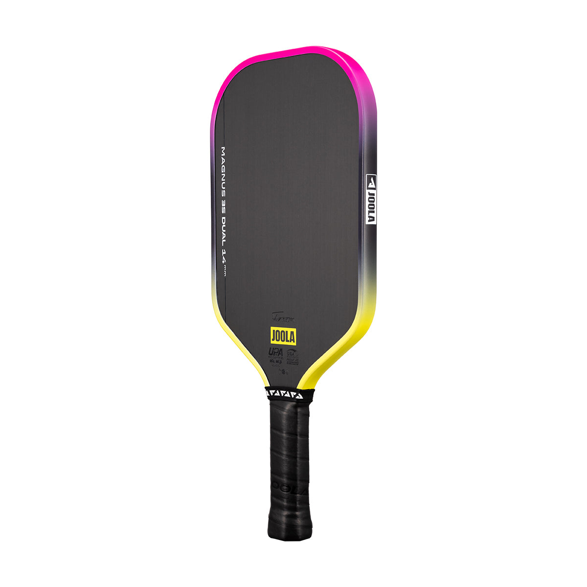 White background, Pink and Yellow gradiant edge guard on the JOOLA 3S Dual Magnus Pickleball Paddle.